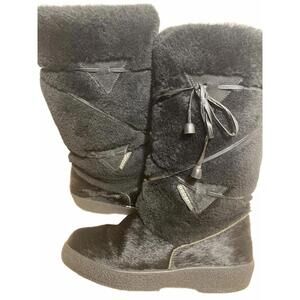 Oscar Sport Fur Boots Women's US 8 EU 39 Black Leather Midi Tie Winter EUC